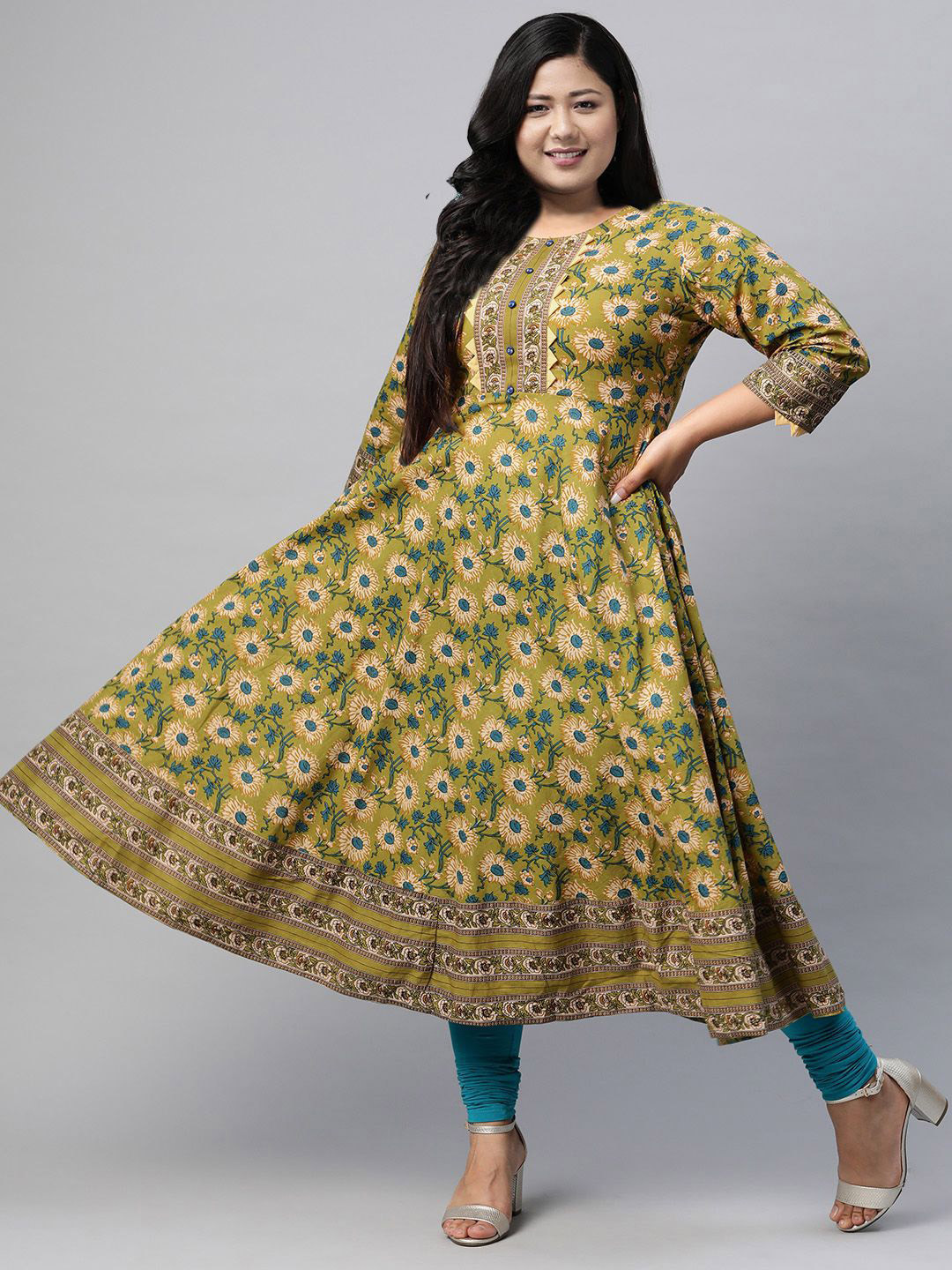 YASH GALLERY Plus Size Floral Printed Cotton Round Neck A-line Kurta