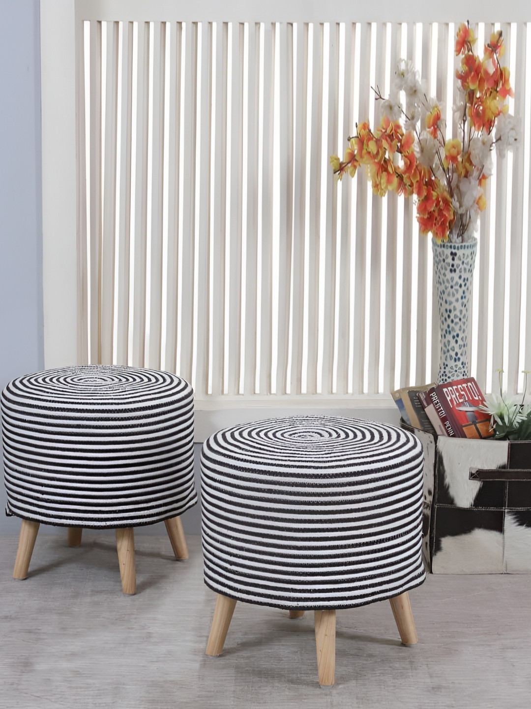 Shadowkart 2 Pcs White & Black Striped Wooden Pouffe Ottoman