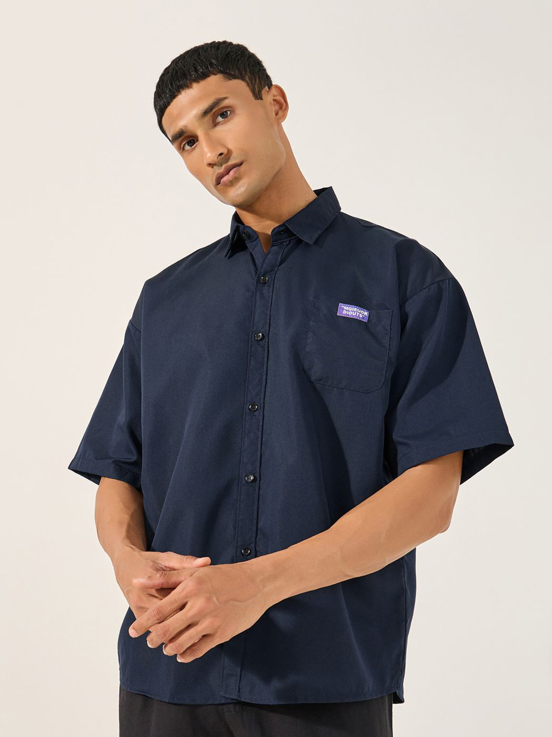 Styli Men Oversized Button Down Collar Badge Shirt