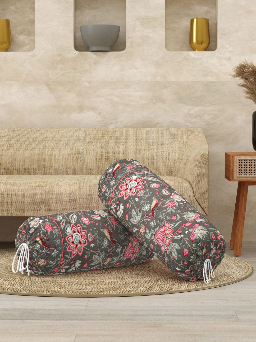 Clasiko Grey & Pink 2 Pieces Floral Block Printed Cotton 220 TC Bolster Covers