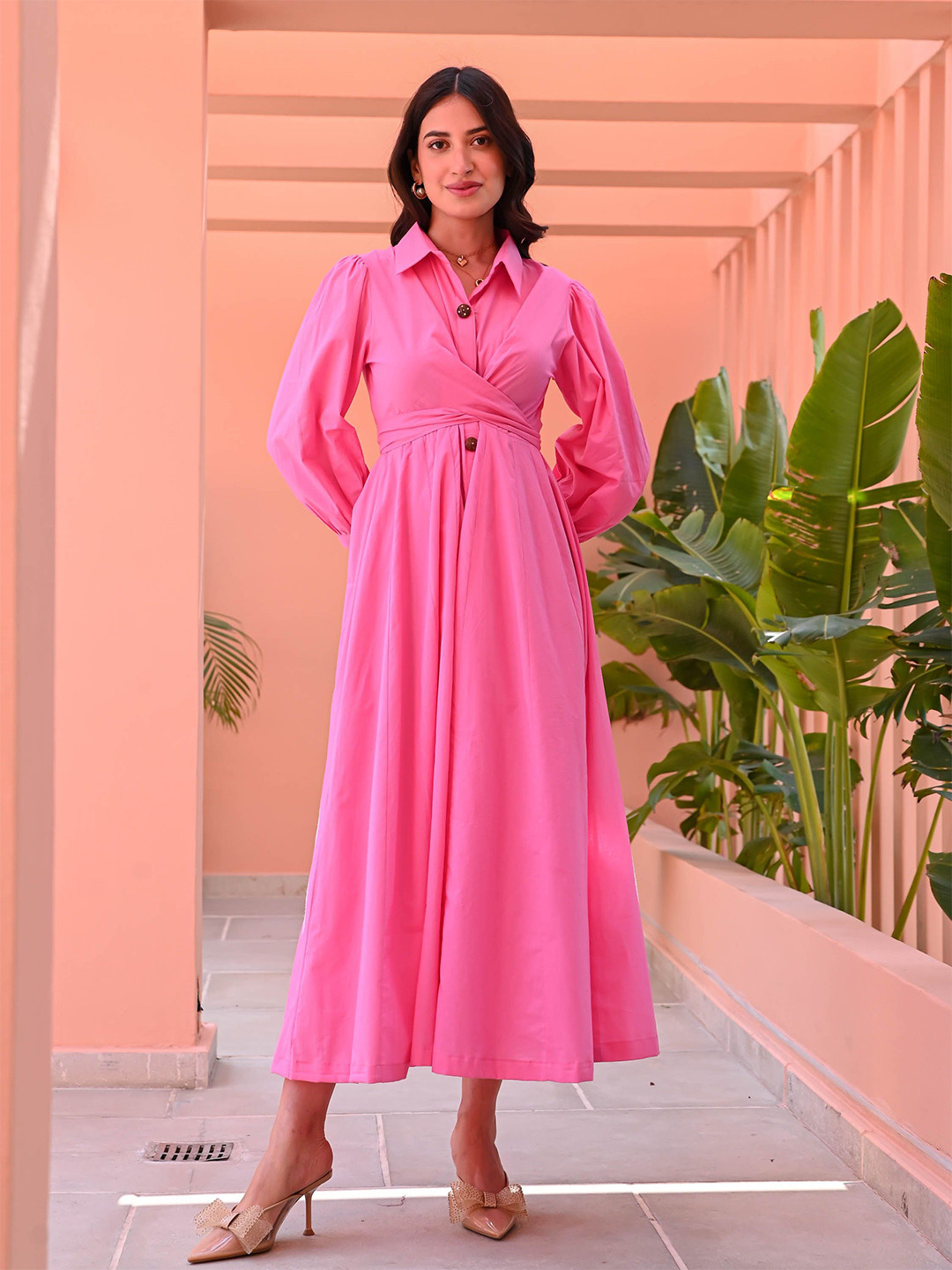 Bunaai Bubblegum Pink Cotton Shirt Dress