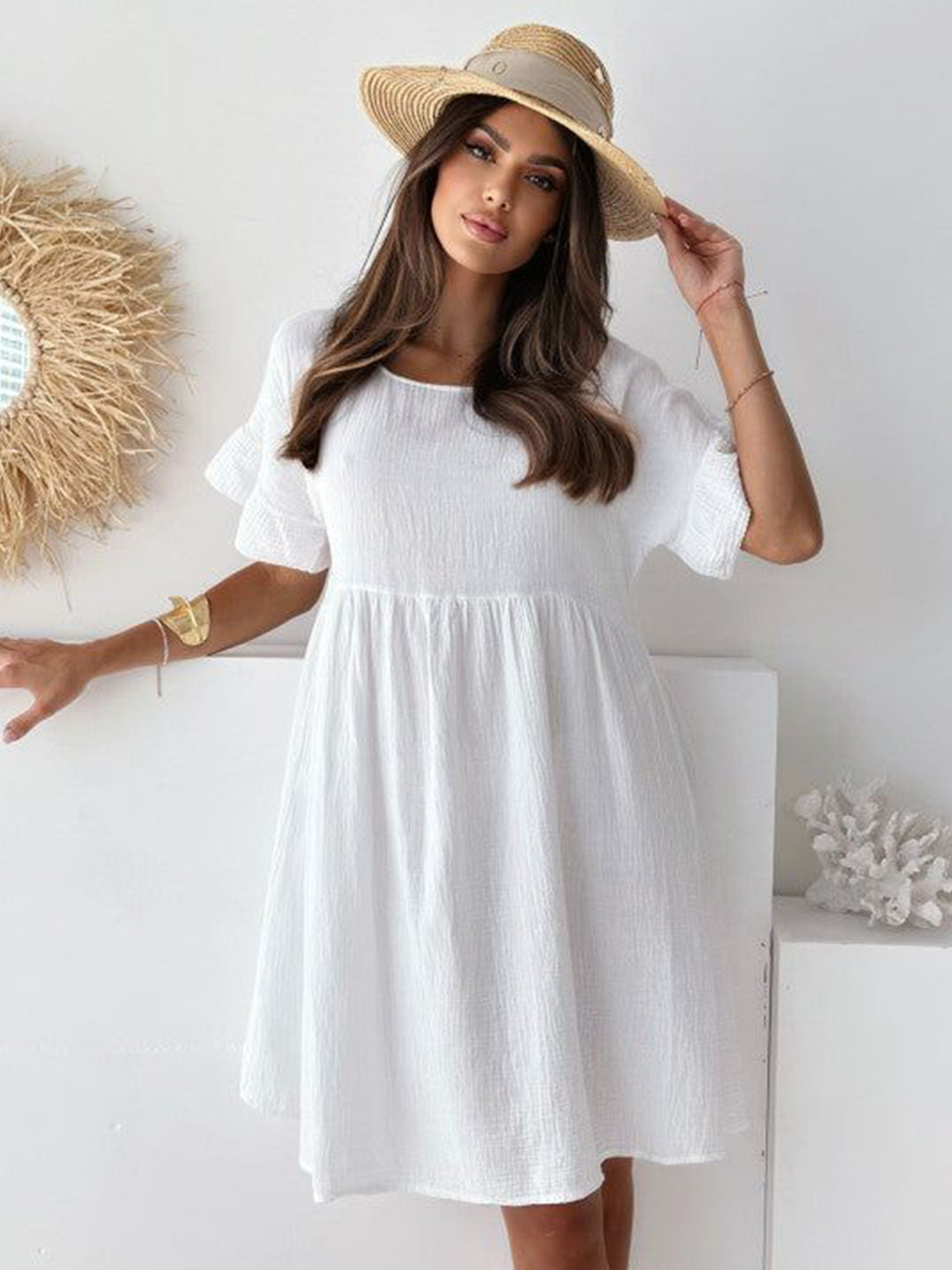 Outzidr White A Line Ruffle Sleeve Dress