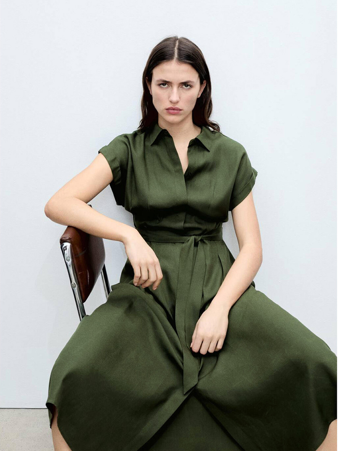 MANGO Shirt Collar Extended Sleeves Button-Down A-Line Maxi Dress with Belt