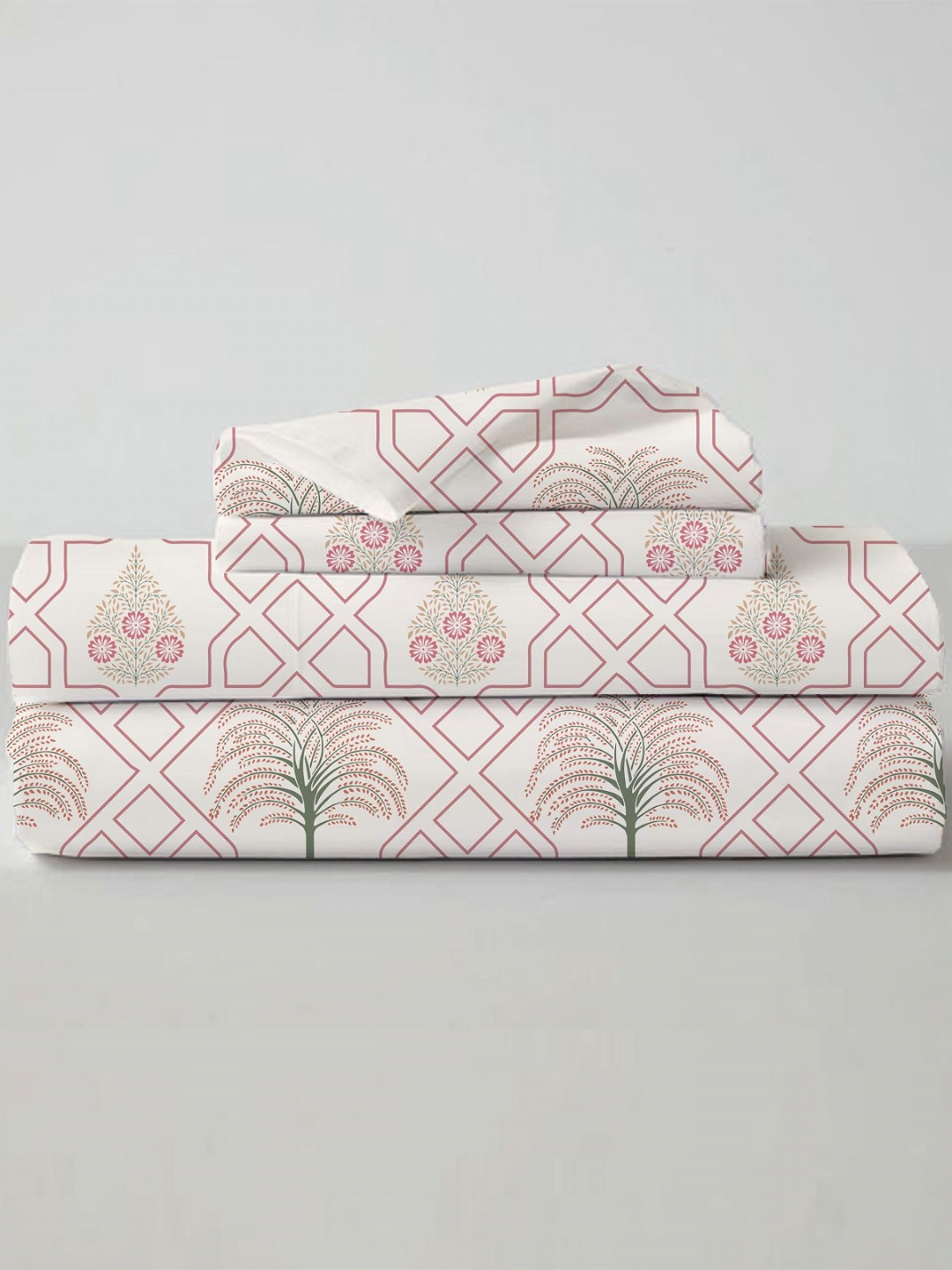 Sleepsia Cream Floral Pure Cotton Breathable 180 TC King Fine Bedsheet with 2 Pillow Covers-274 x 274 cm