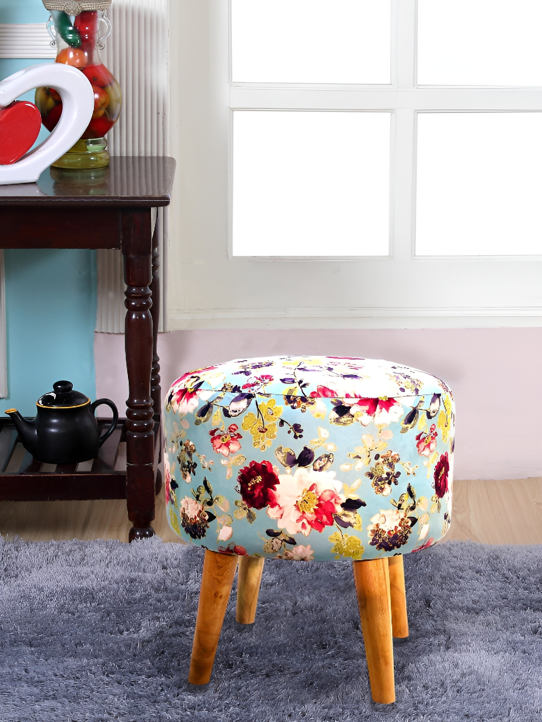 Shadowkart Blue & Yellow Wooden Mudda Pouffe Ottoman