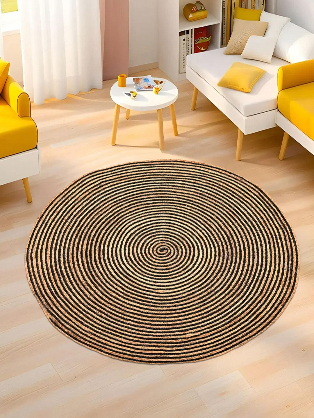 Aura Brown Floral 4x4 Feet Round Jute Rug & Carpet for Home Bedroom