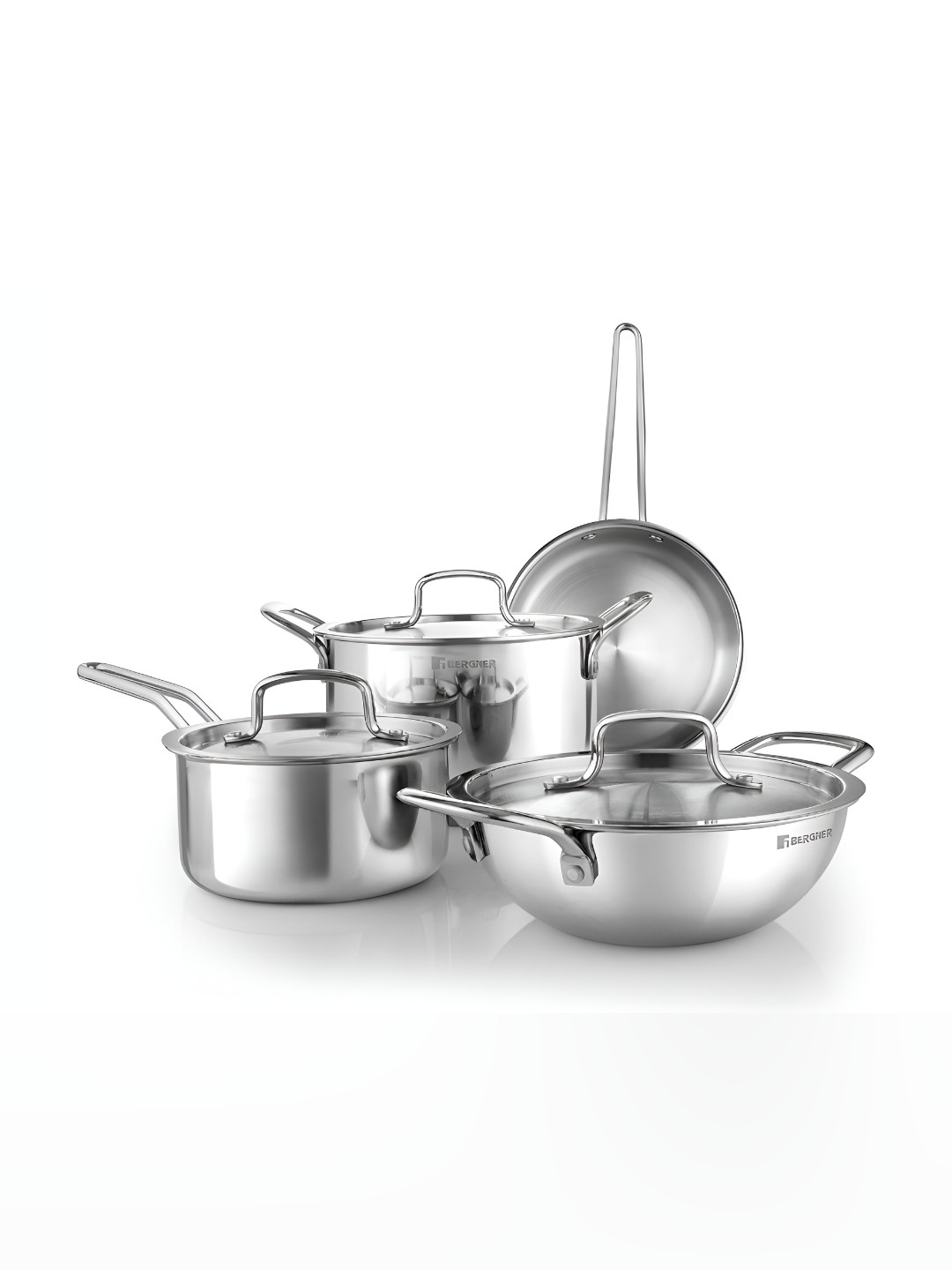 BERGNER Silver-Toned Dishwasher Safe Tri-Ply Stainless Steel Cookware Set of