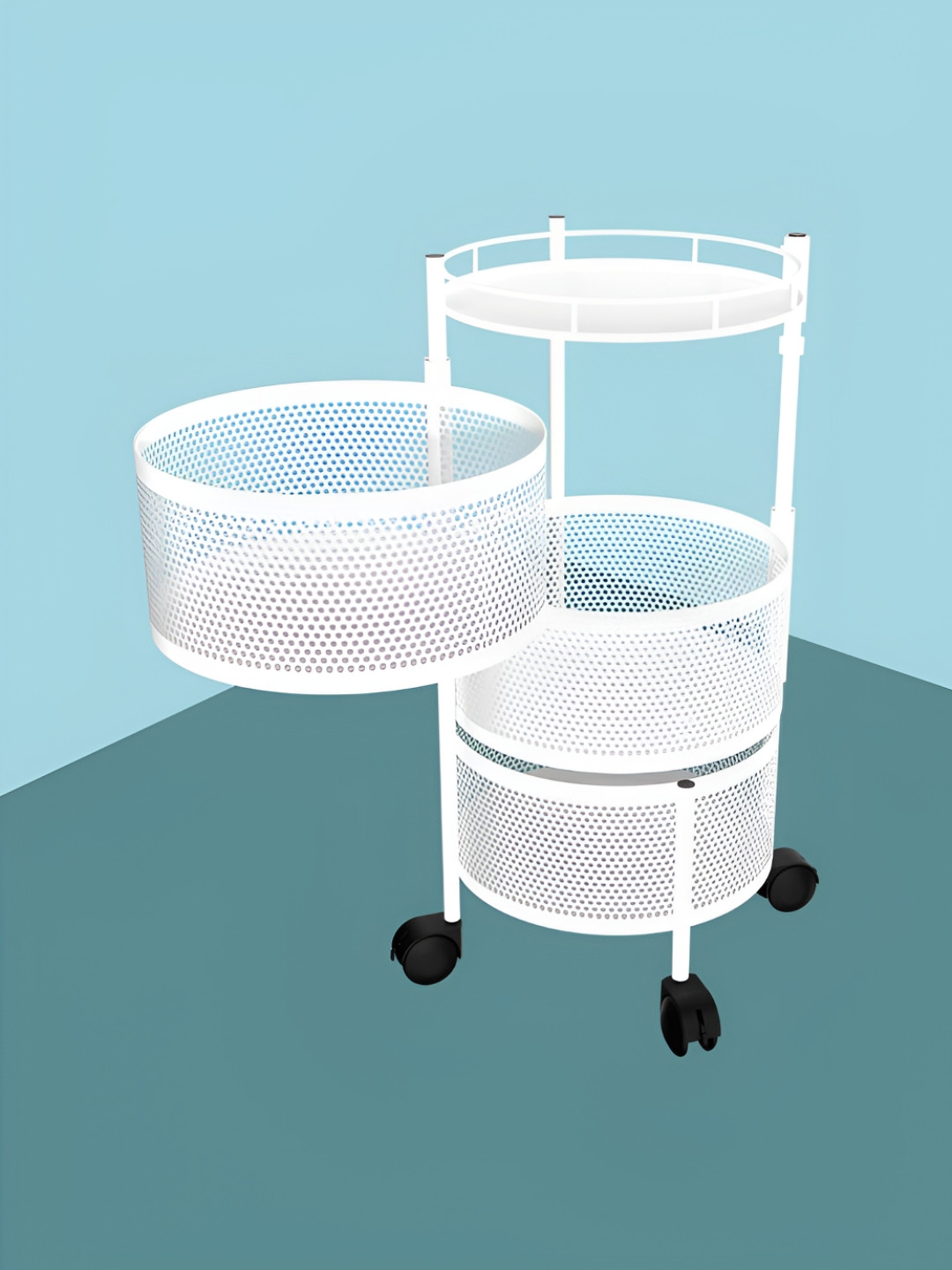 Aura White 3-Tier Round Multipurpose Storage Rack Kitchen Trolley with Wheels