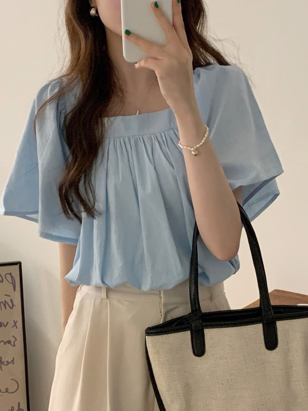 Outzidr Women Square Neck Bubble Hem Top