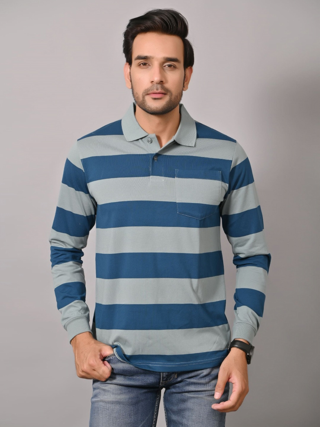 ARBOUR Men Striped Polo Collar Full Sleeves Slim Fit Tshirt with Pocket Detail
