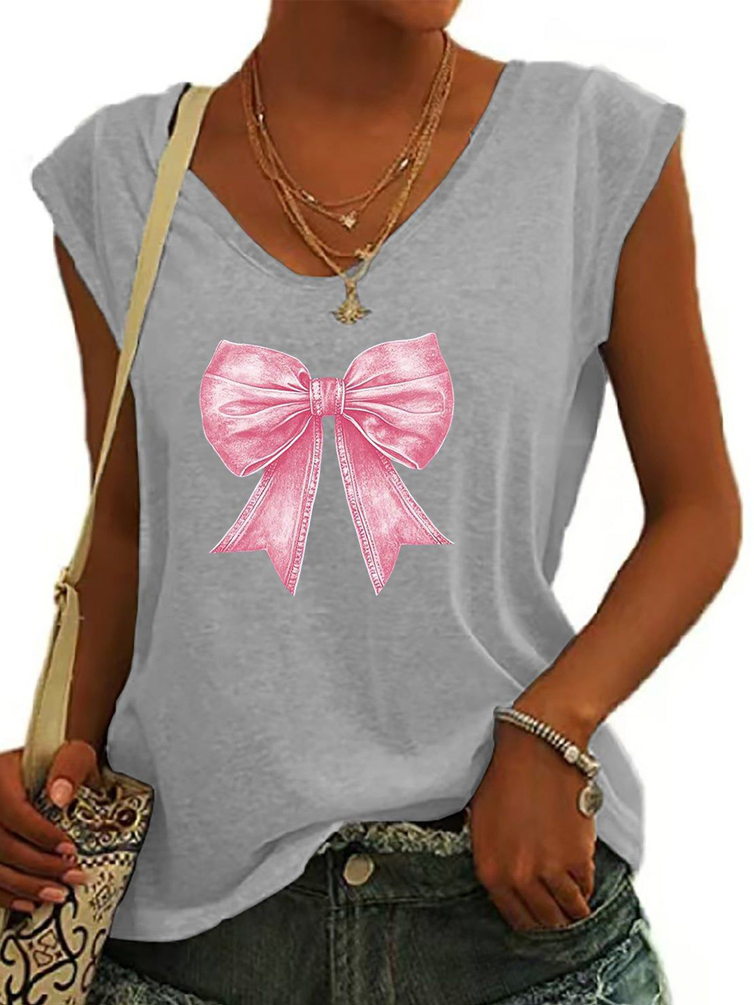 Outzidr Women Cap Sleeve Grpahic Print Top