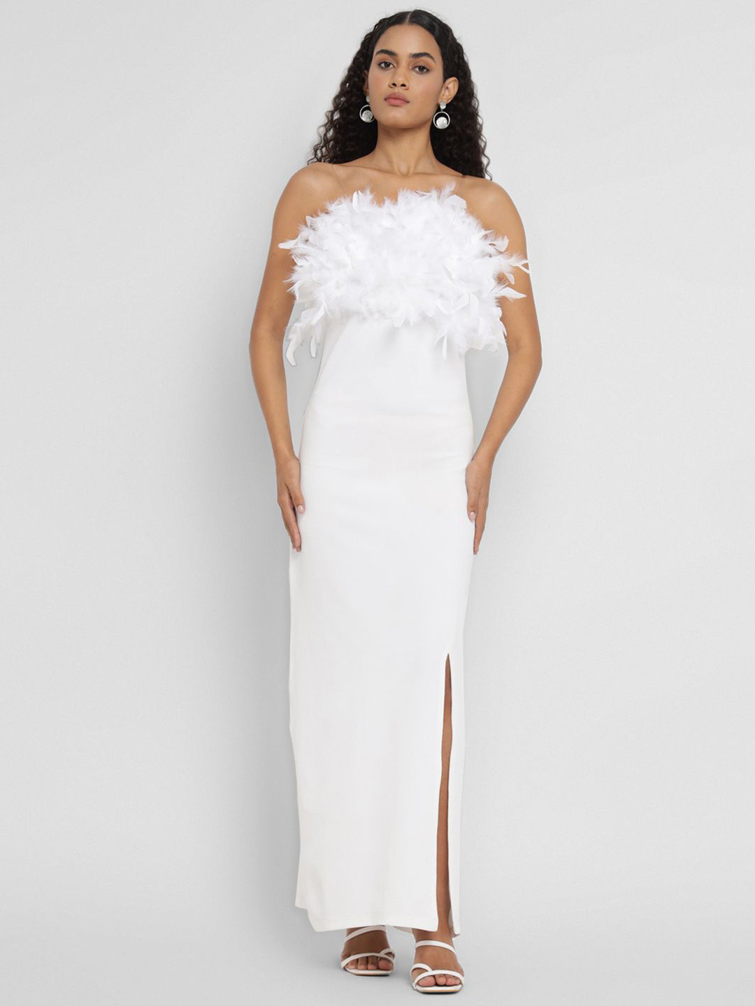 Porsorte Women Bandeau Maxi Party Gown Dress with Feather Details & Thigh-High Slit