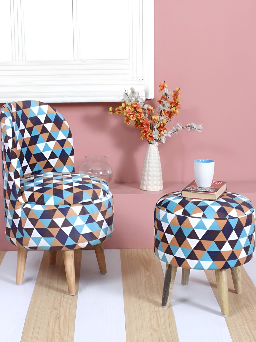 Shadowkart Set Of 2 Blue & White Printed Pouffe Stool Dinning Ottomans