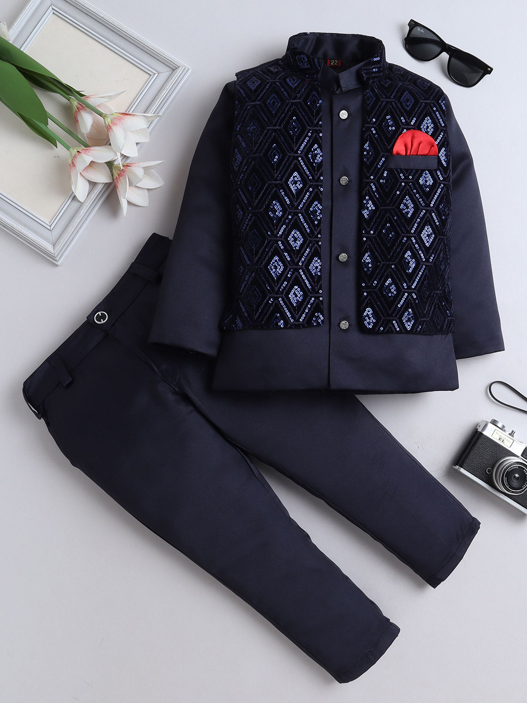 FOURFOLDS Boy Mandarin Collar Embroidered Blazer & Shirt With Trousers Suit