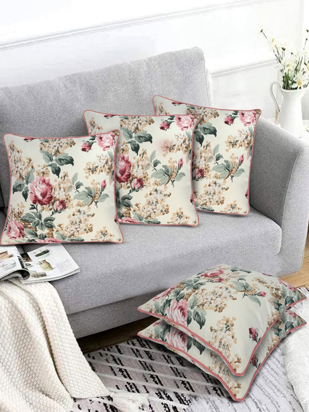 KANUSHI INDUSTRIES Floral Cotton Lightweight 5 Pcs Embellished Cushion Covers -16x16In