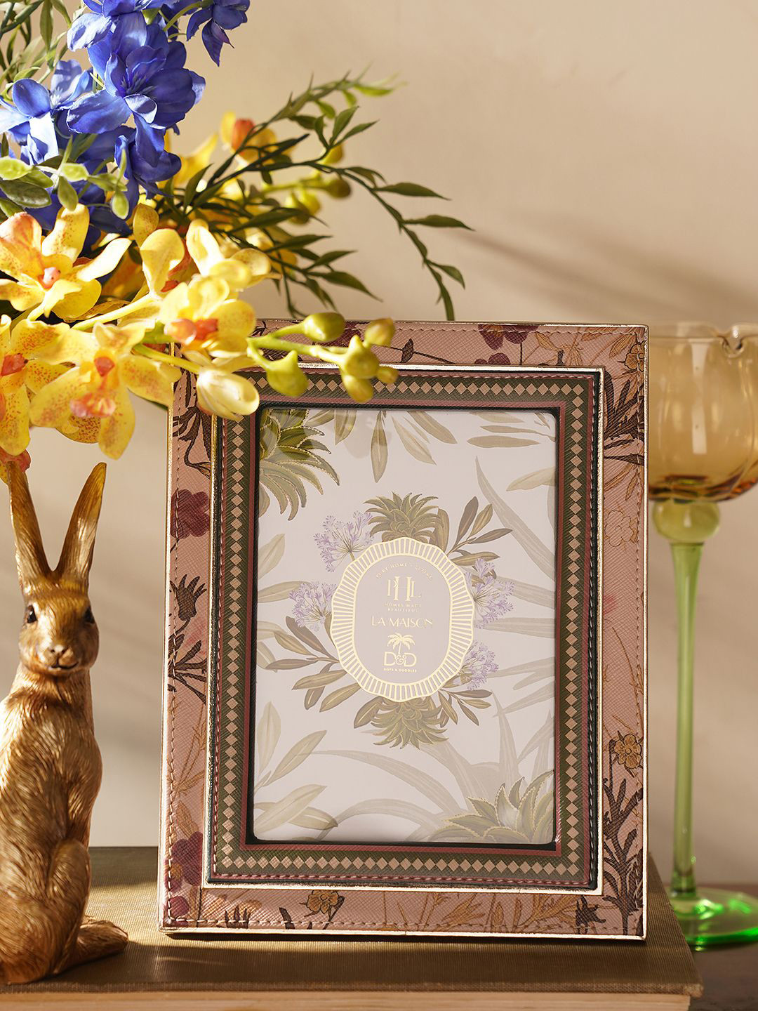 Pure Home and Living Pink & Green Floral Printed Faux Leather Table Photo Frame