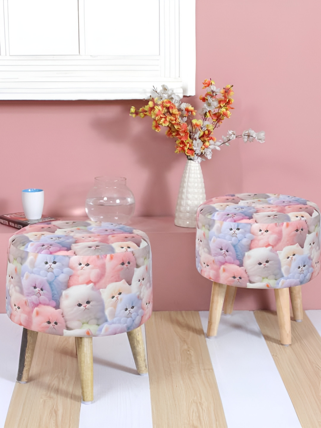Shadowkart Set Of 2 Pink & White Sitting Mudda Puffy Stool Chair Ottomans