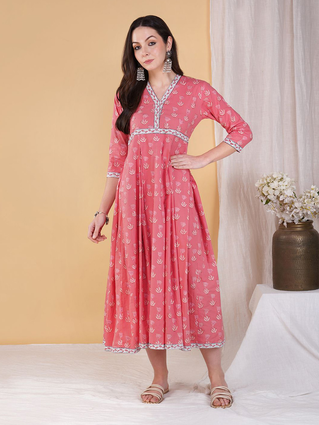 AKISO Women Block Printed Anarkali Kurta with Hand Embroidery Details on Yoke