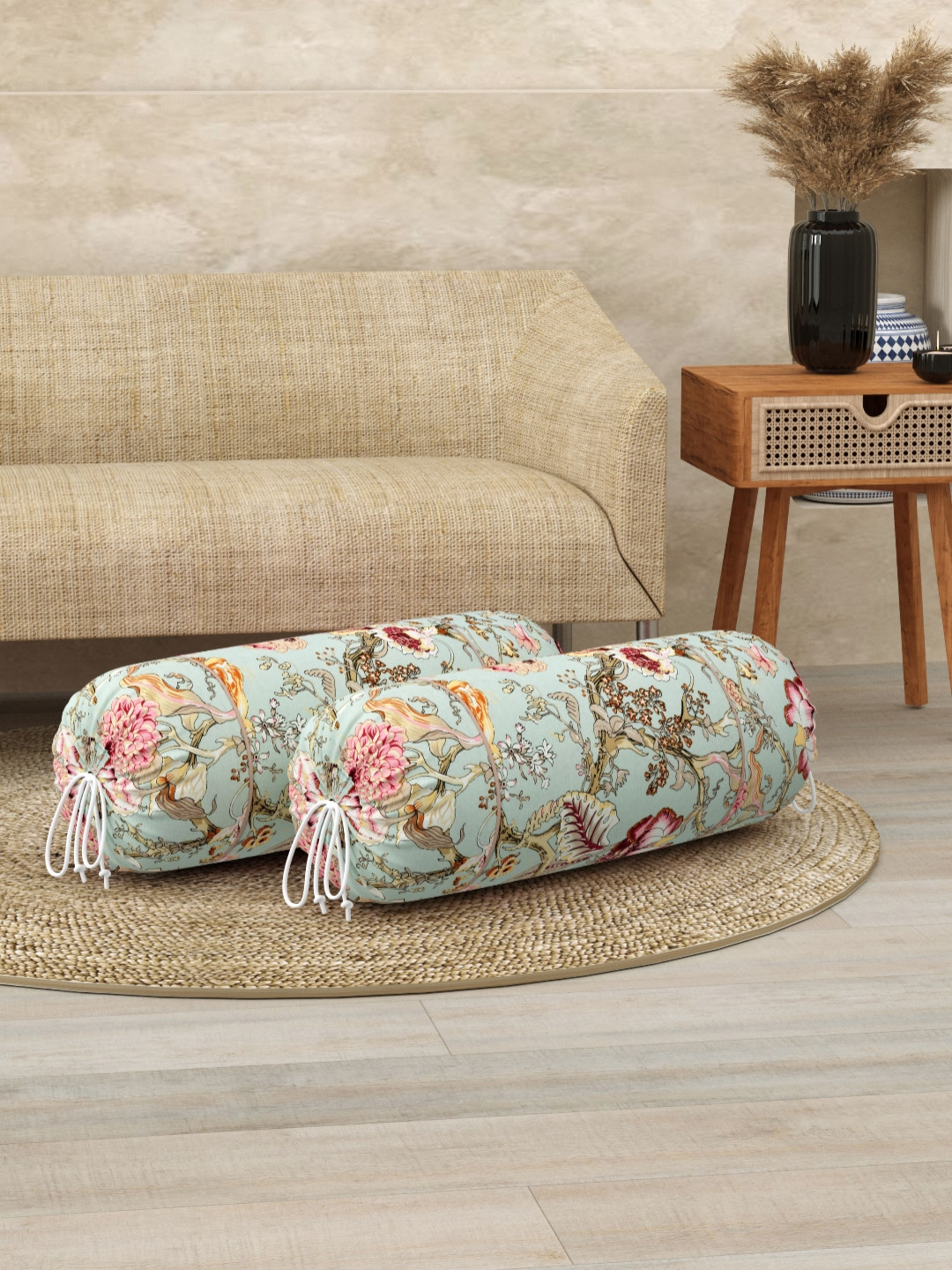 Clasiko Blue & Pink 2 Pieces Floral Block Printed Cotton 220 TC Bolster Covers