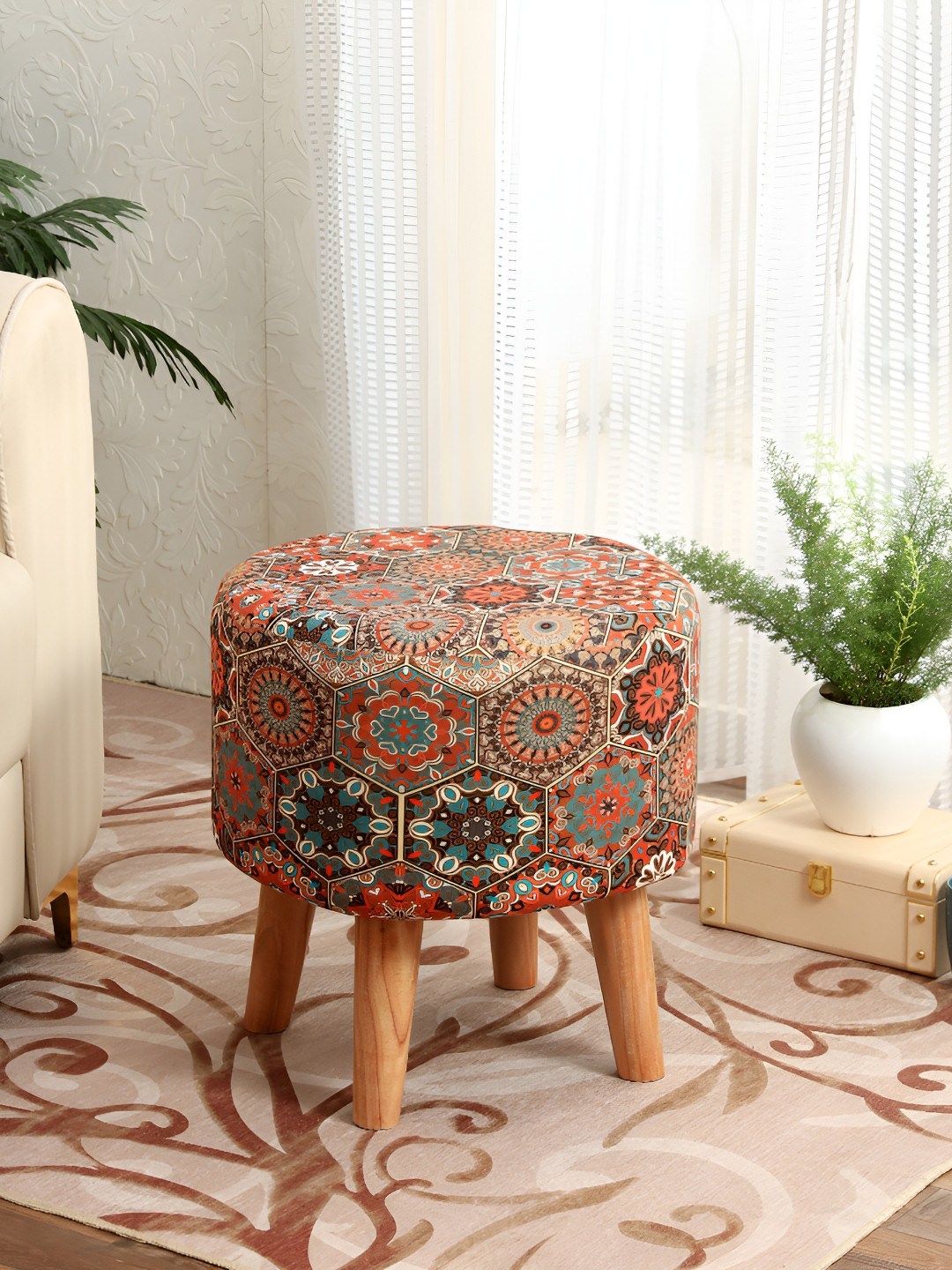 NACIA Red & Green Printed Wooden Round Shaped Ottomans
