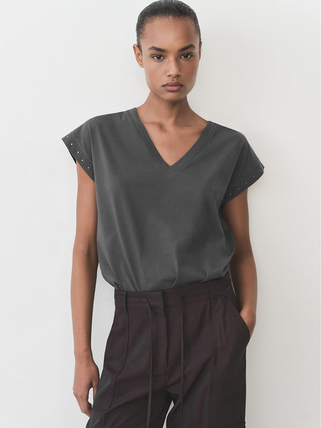 MANGO V-Neck Studded Extended Sleeves Pure Cotton Relaxed Fit T-shirt