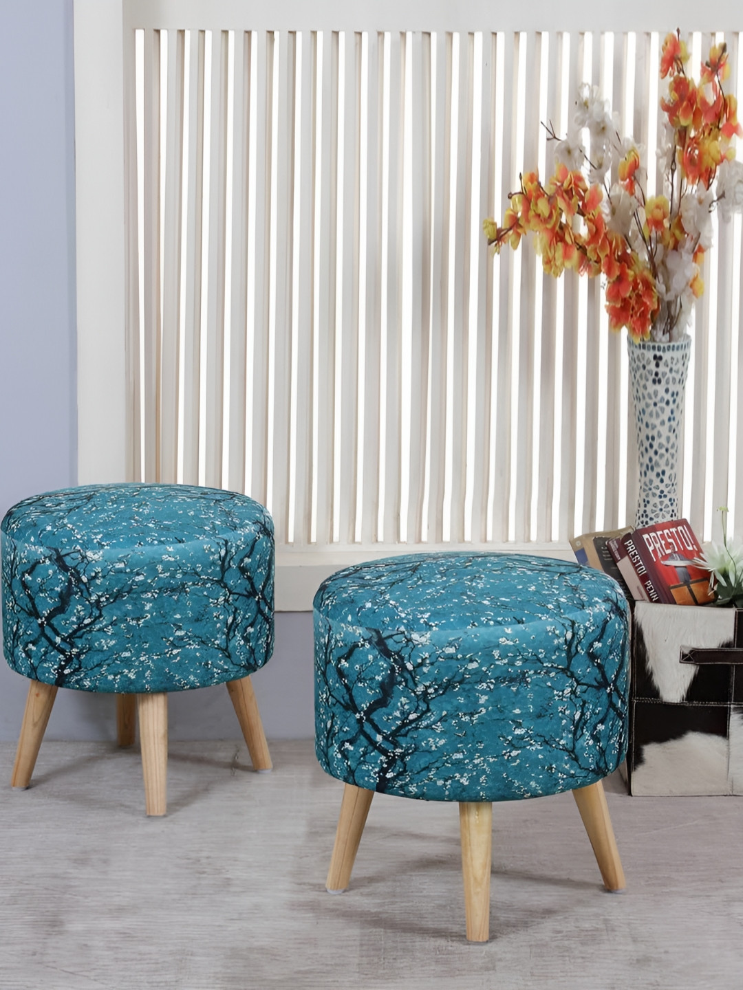 Shadowkart Set Of 2 Teal-Blue & White Printed Wooden Ottomans