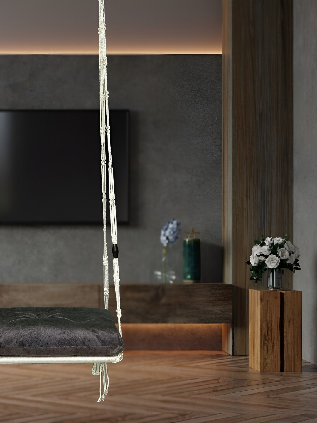 Patiofy Grey & White Patiofy Premium Slab Swing Chair With Cushion