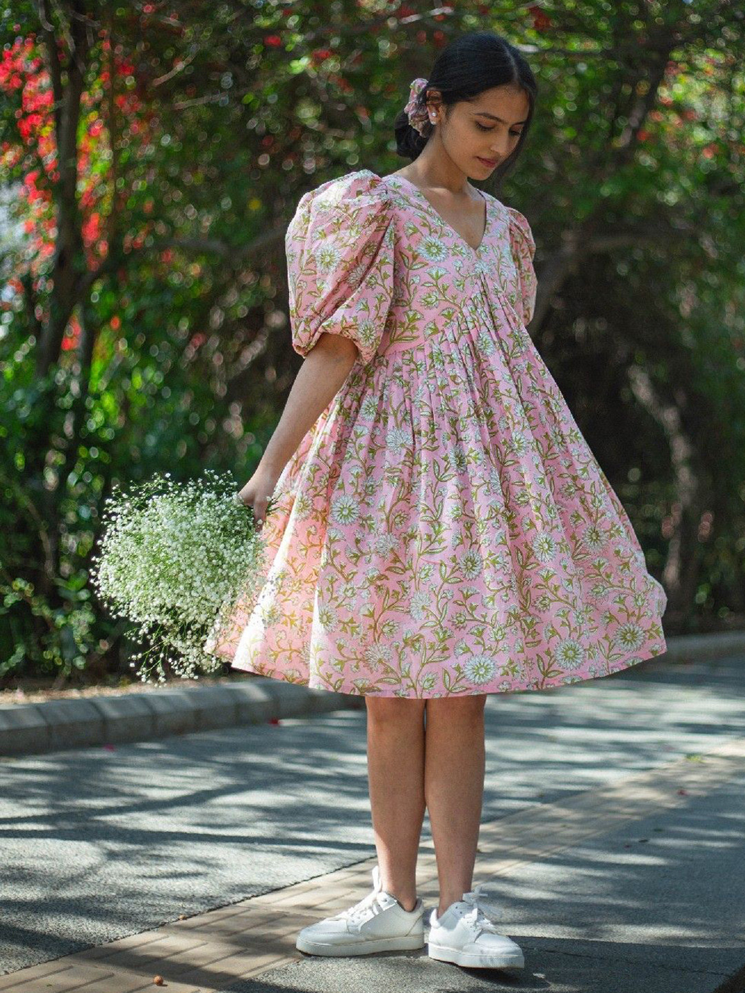 ODHANON Floral Hand Block Print Puff Sleeve Fit & Flare Oversized Dress