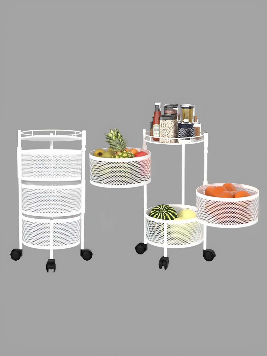 Aura White 2 Pcs 3-Tier Round Storage Rack Kitchen Trolley with Wheels