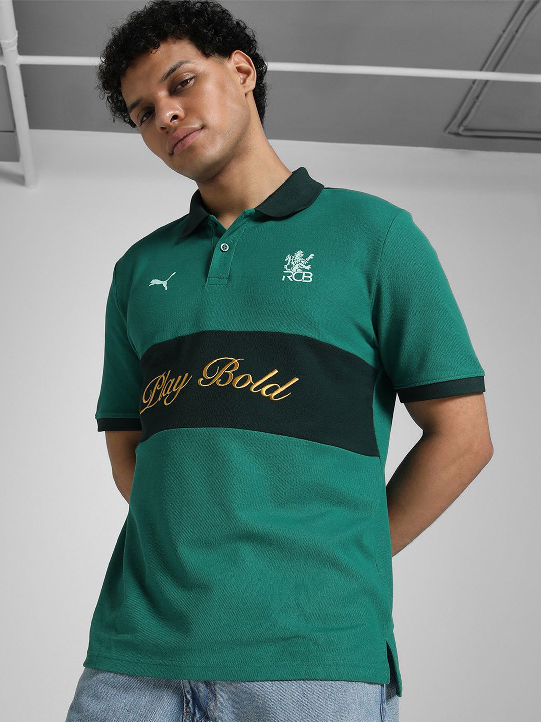 Puma x RCB Men's Retro Polo Typography Printed Regular Fit T-Shirt