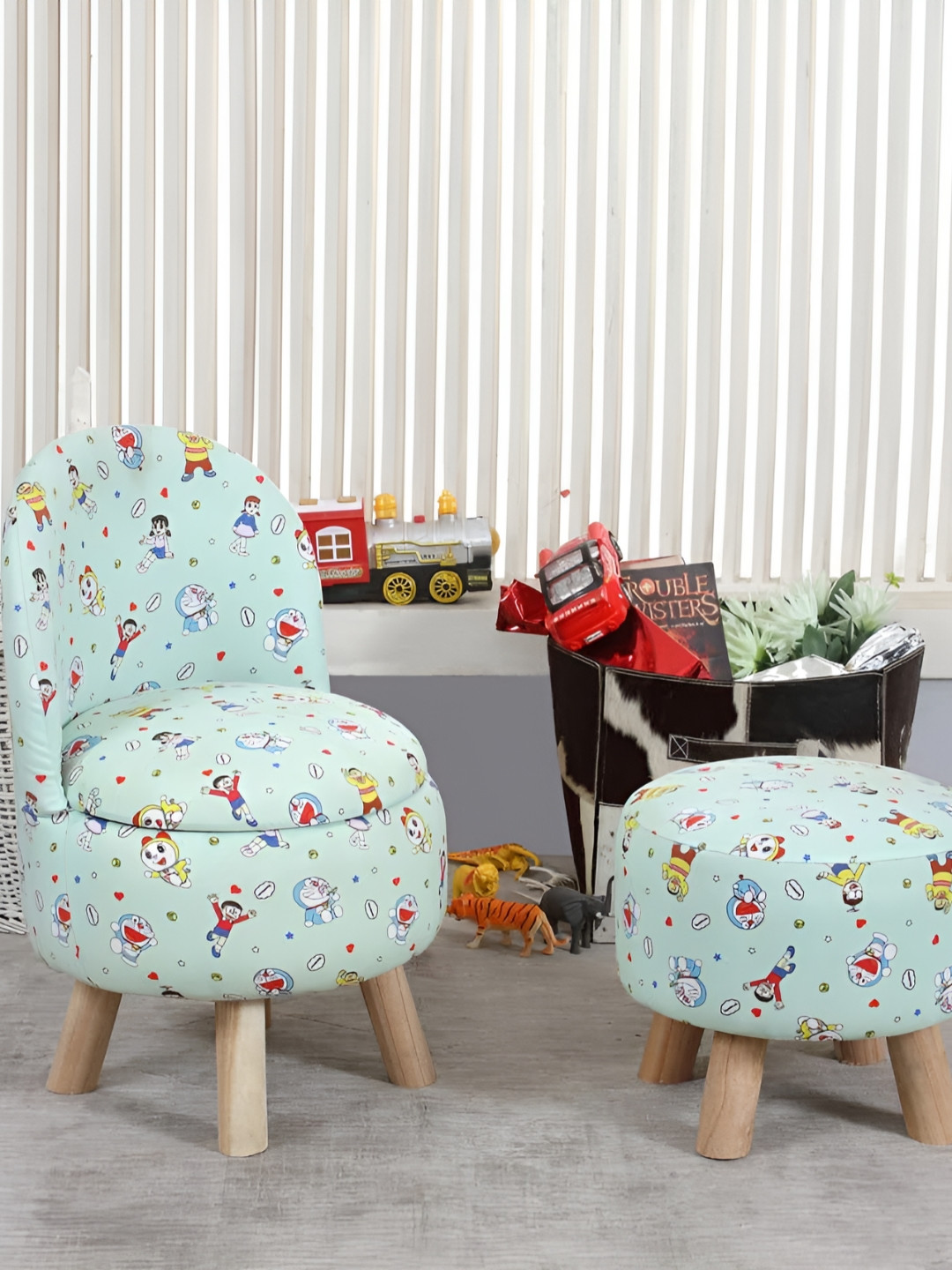 Shadowkart Kids Green 2 Pieces Printed Wooden Mudda Pouffe Ottoman