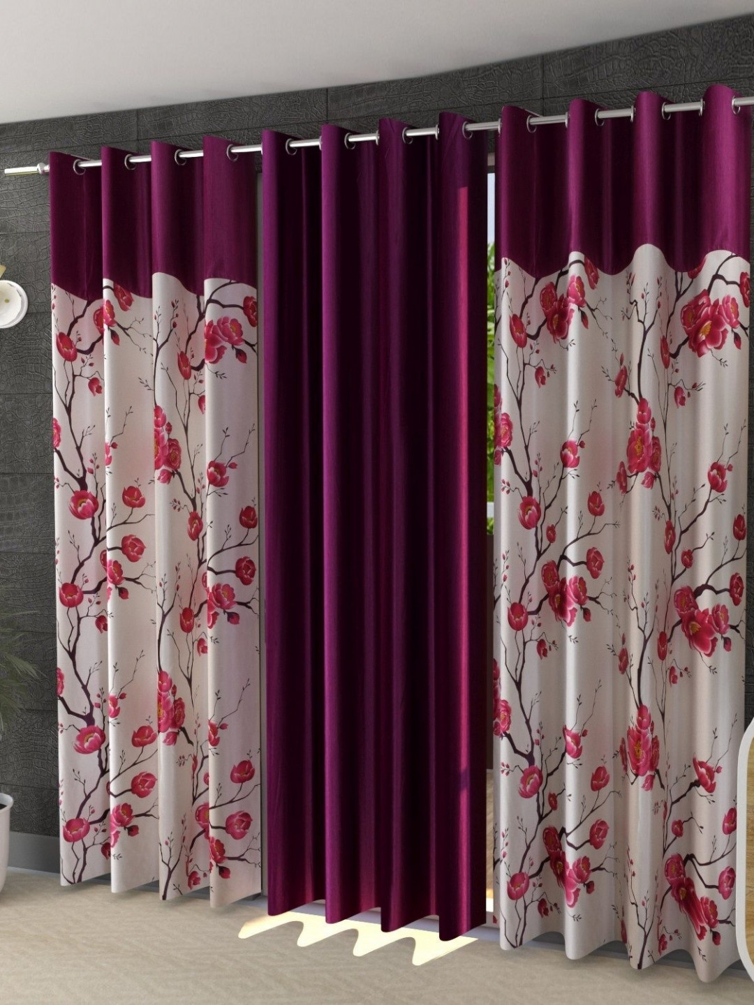 Galaxy Home Decor Purple Set of 3 Floral Long Door Curtain