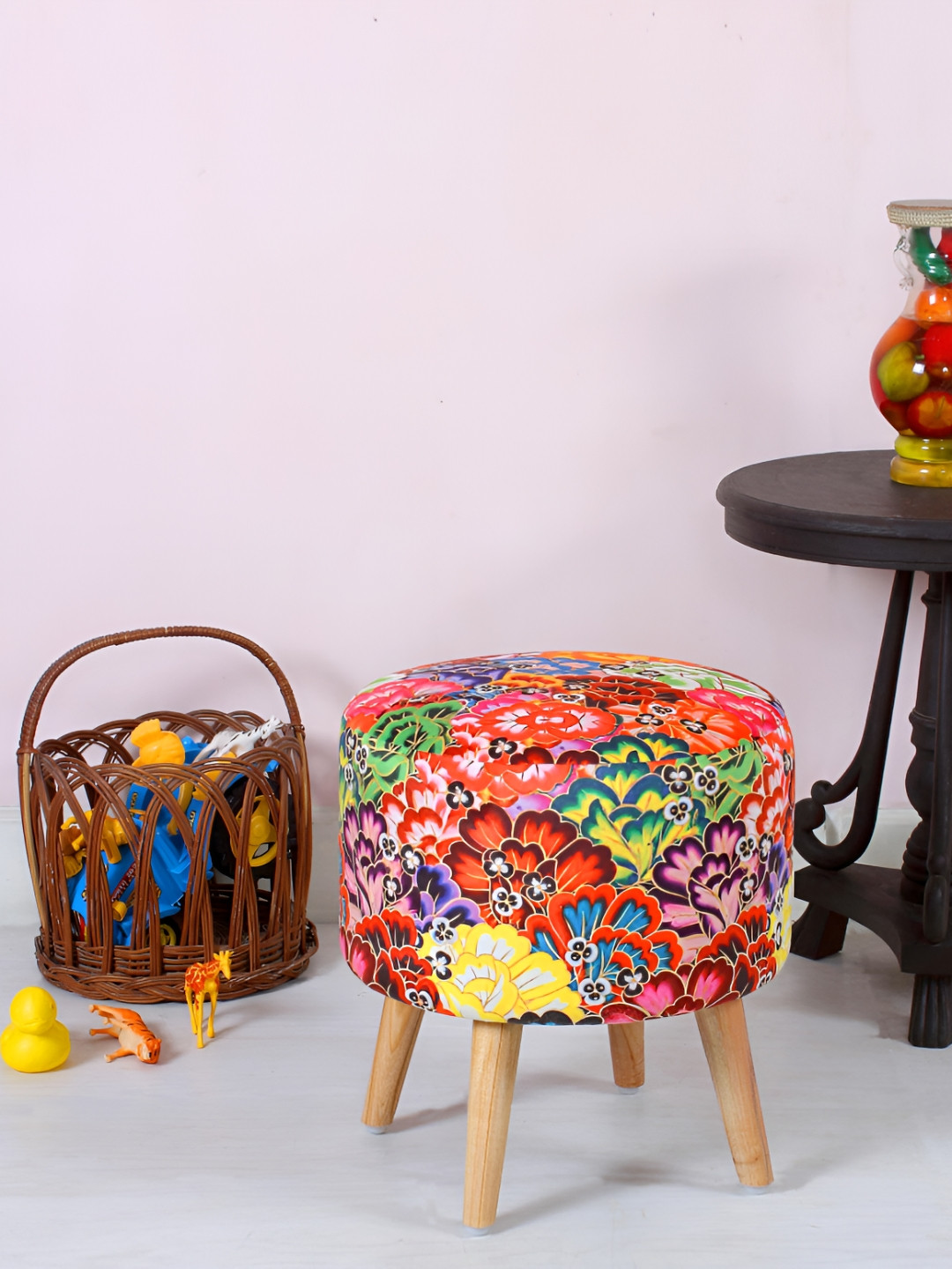 Shadowkart Red & Green Wooden Mudda Pouffe Ottoman