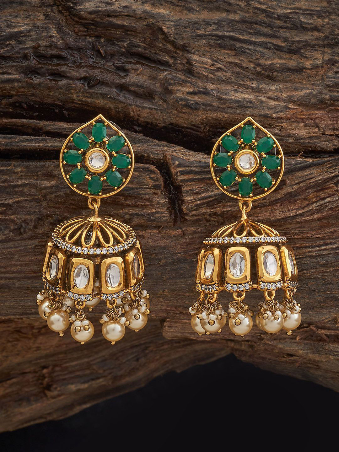 Kushal's Fashion Jewellery Victorian-Plated Dome Shaped Kundan Studded & Beaded Jhumkas