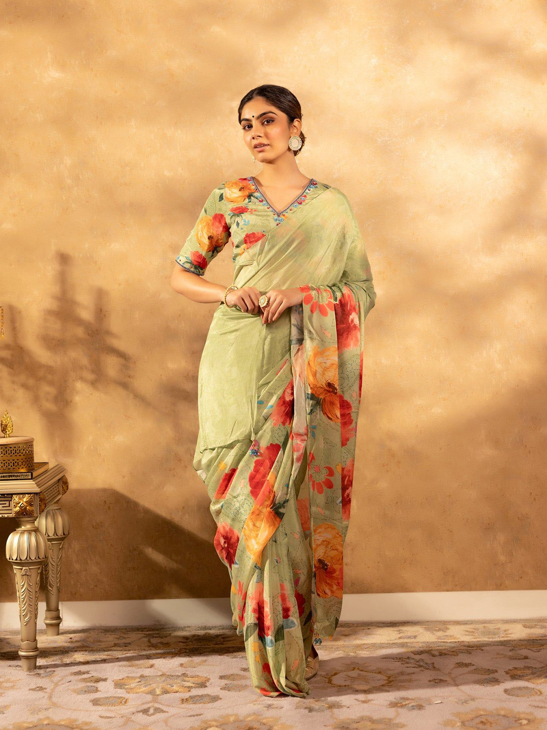 Ambraee Women Floral Mint Saree