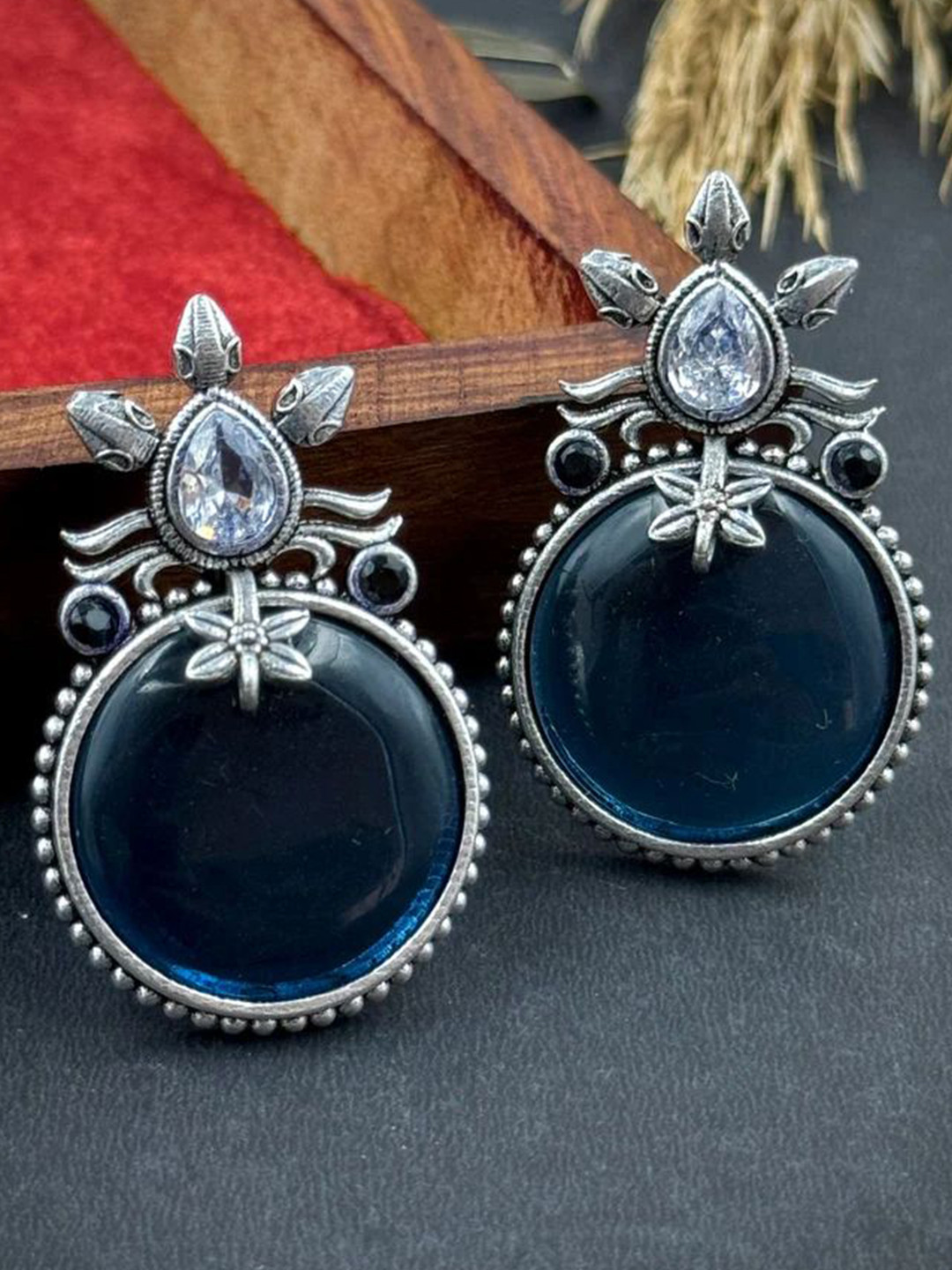 NAMAN ARTS Silver-Plated Artificial Stones Studded Circular Studs