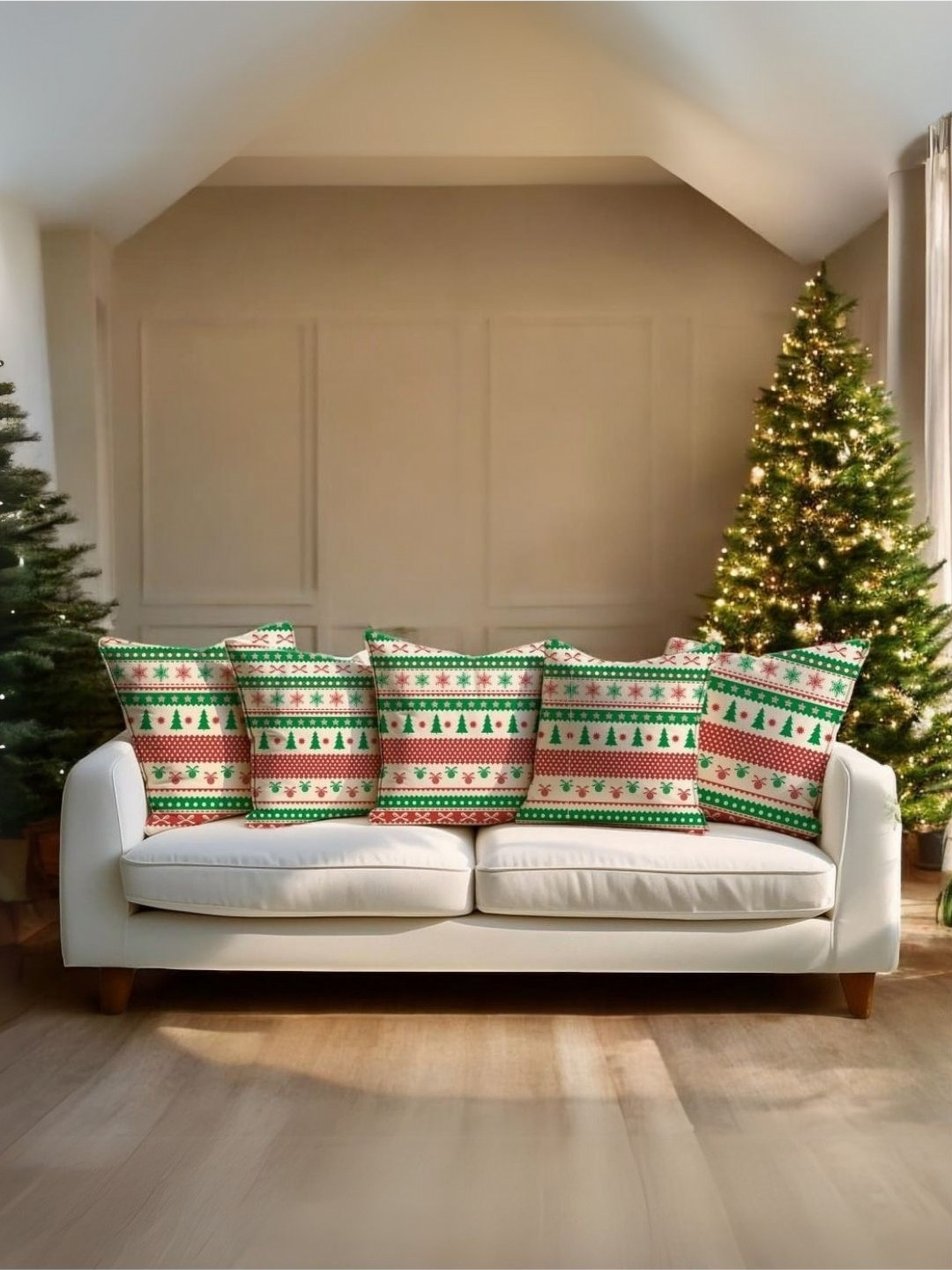 LUSHLYF Festive Cheer White & Pink 5 Pieces Geometric Printed Velvet Square Cushion Covers