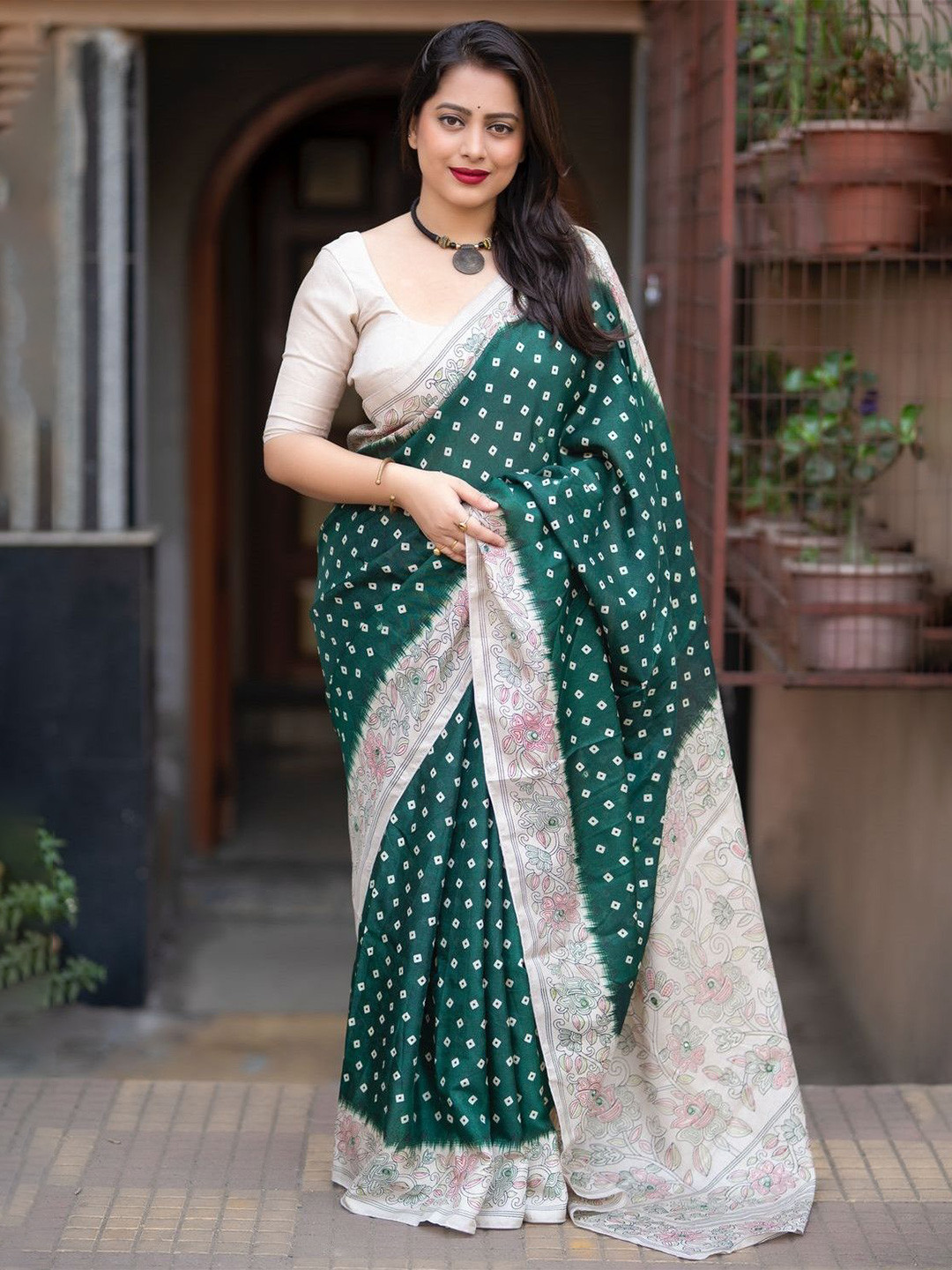 KALINI Kalamkari Mirror Work Bandhani Saree