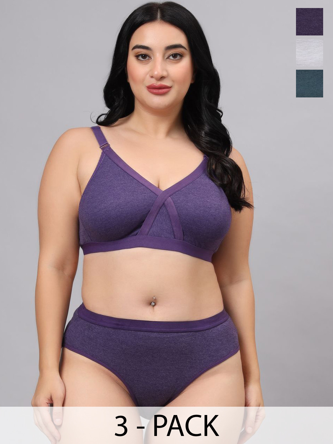 Designer Bugs Pack Of 3 Cotton Non Padded Lingerie Sets LS-ZAN-GRN-PR-WH-30B