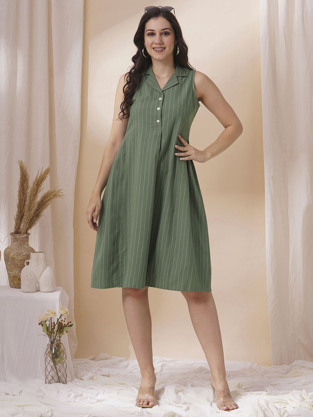 KAMI KUBI Women 1 Stripe Print Halter Neck A-Line Midi Dress