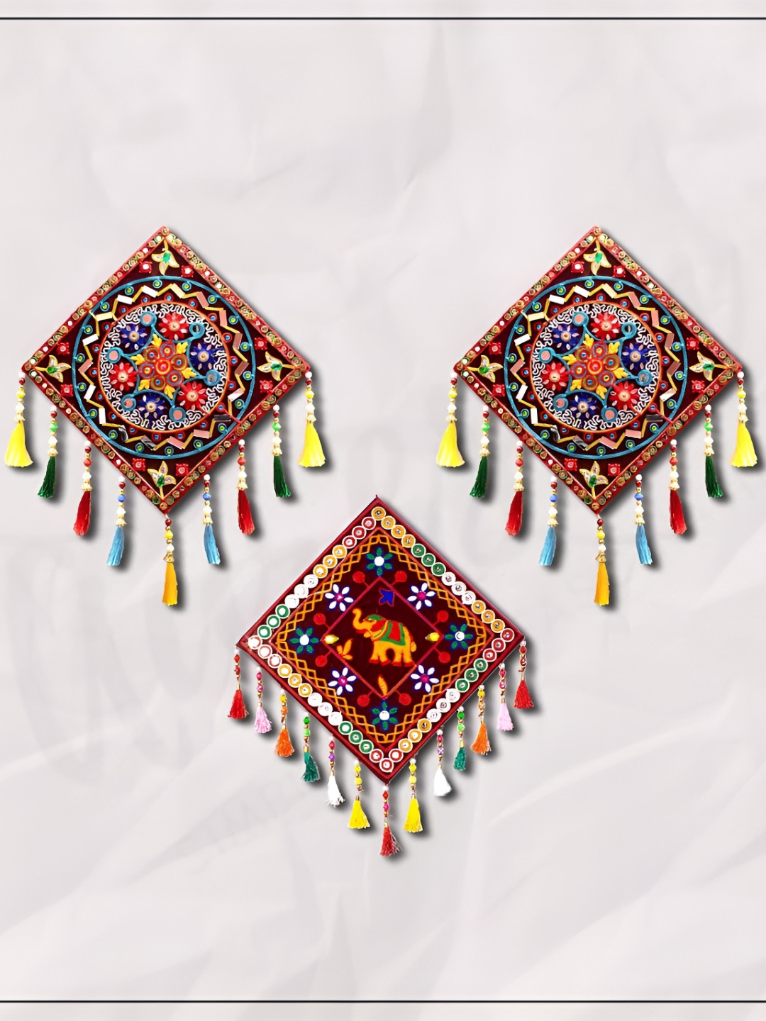 AURESSA Gujrati Wood Tasselled Glossy Hanging Hall 3Pcs Wall Hangings-14.5In