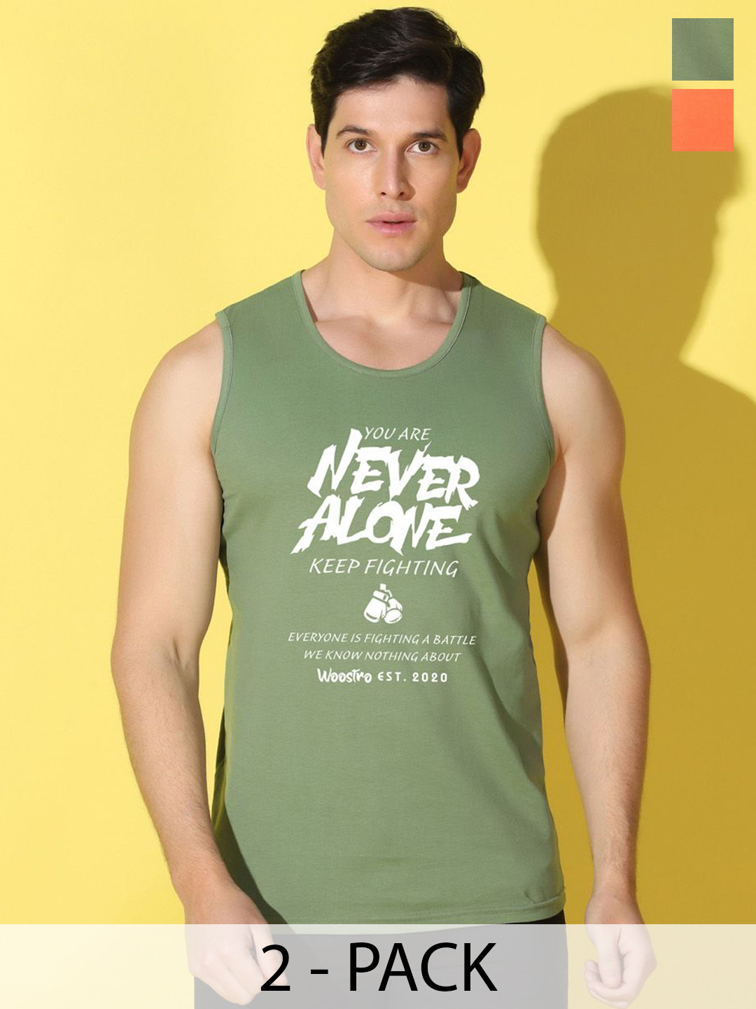 WOOSTRO Pack Of 2 Printed Ultra-Soft Gym Vests VWS26(ALONE LGTGREEN)(98 ORANGE)