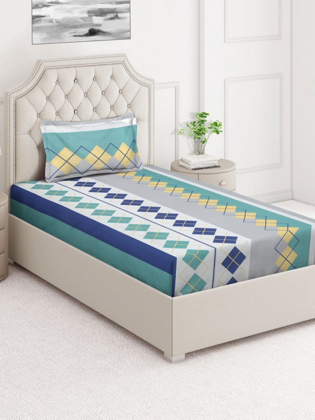 Arrabi Book Fold Green Geometric Cotton Skin-Friendly 350 TC Single Superfine Bedsheet with a Pillow Cover-85 x 59 inches