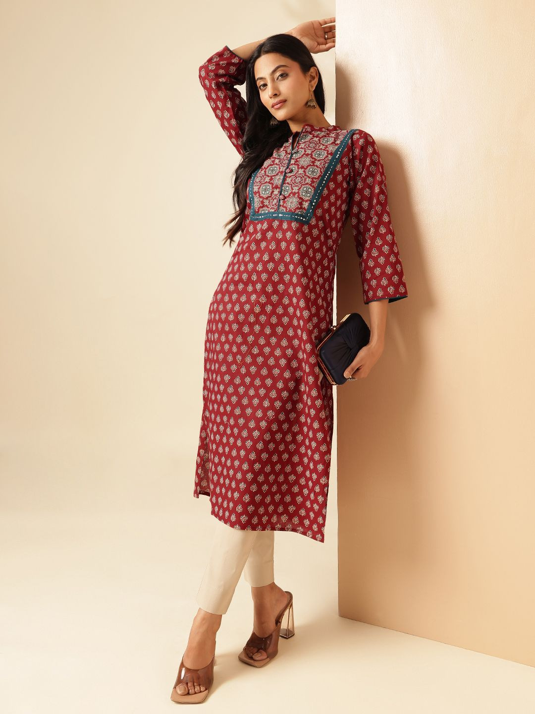 KALINI Floral Printed Mandarin Collar Straight Pure Cotton Kurta