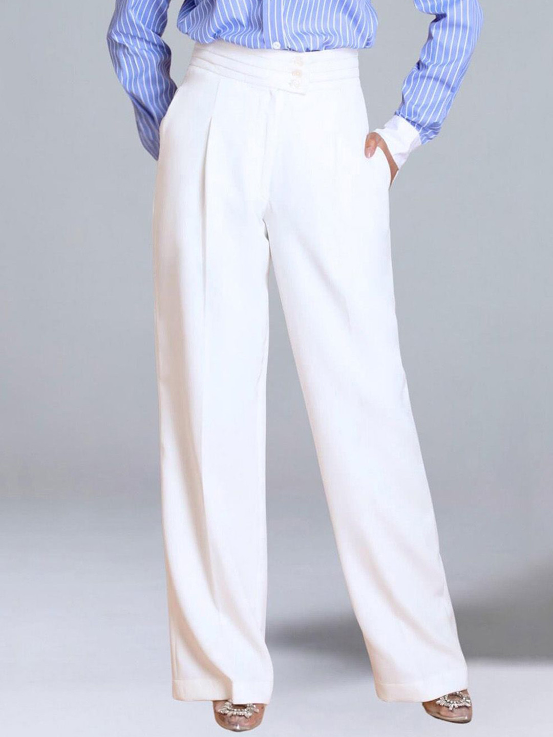 Jaey Women Tailored High-Rise Wrinkle Free Pleated Korean Pants Trousers