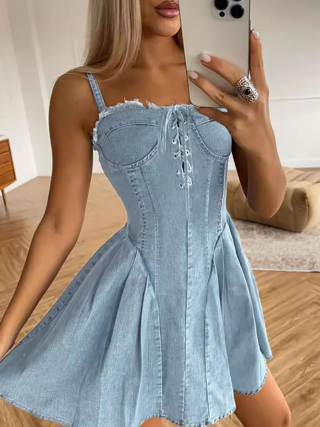 bebe Denim Corset-Style Lace-Up Fit & Flare Mini Dress