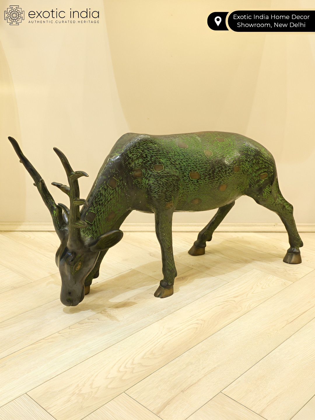 Exotic India Deer Green Brass Metallic Living Room Medium Showpiece - 13.5 Inches