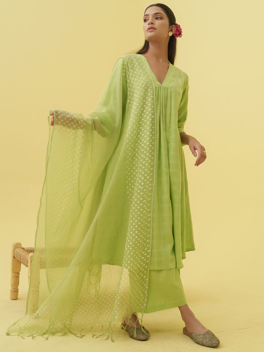 JITI Self Design V-Neck Pure Cotton A-Line Kurta With Palazzos And Dupatta