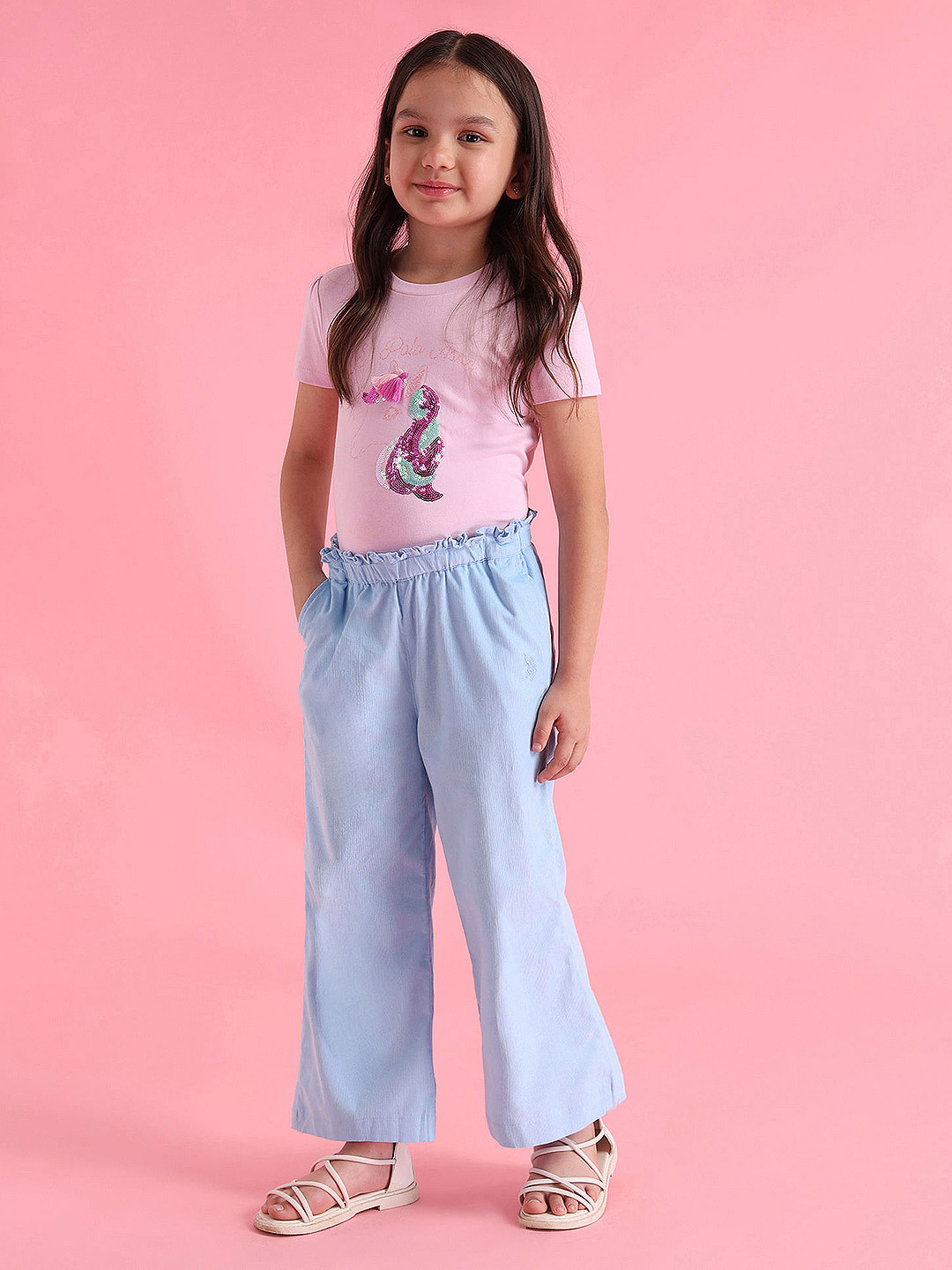 U.S. Polo Assn. Kids Girls Self Design Pleated Pure Cotton Parallel Trousers