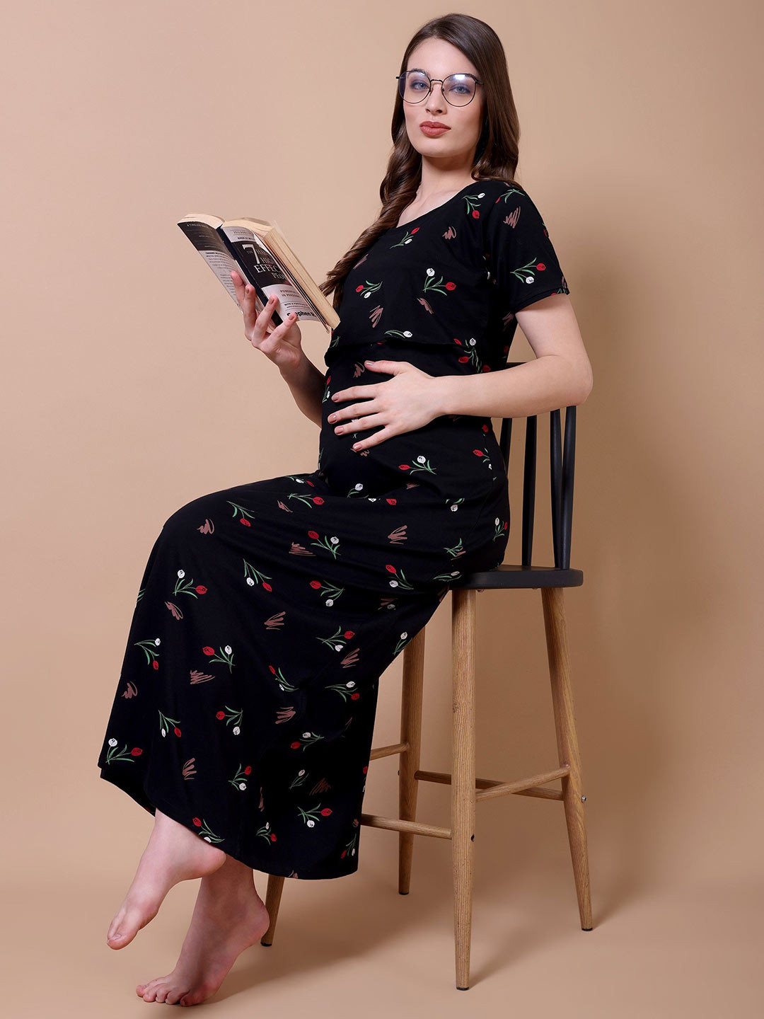 THE MAMA KLUB Floral Printed Maternity & Nursing Full Nighty